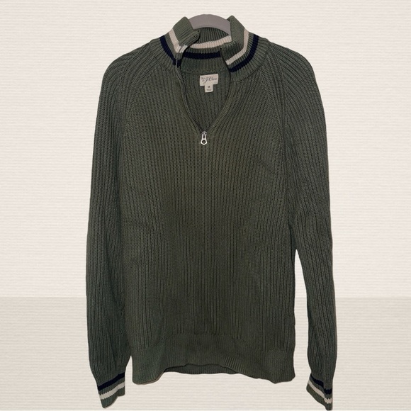 J CREW Sweater Men Green Ribbed Half-Zip Varsity Stripe Trim - Picture 1 of 3